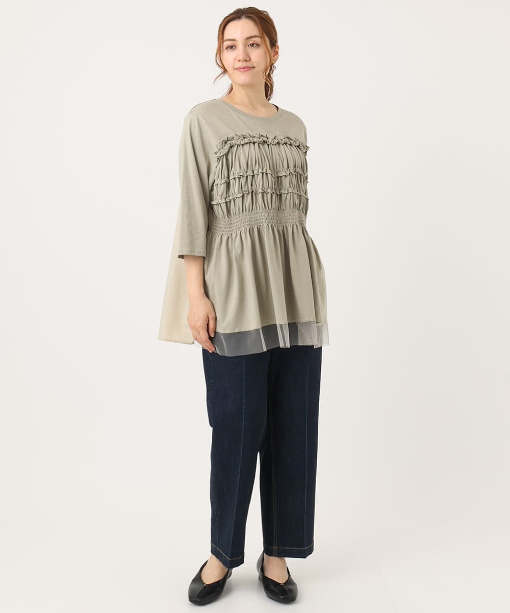 OLKJA13089 eur3(エウルキューブ) 【大きいサイズ/LAVEANGE×eur3】シャーリング異素材ドッキングプルオーバー カーキ(36)