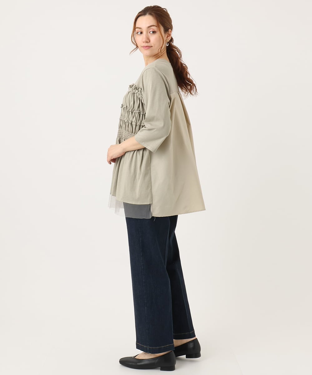 OLKJA13089 eur3(エウルキューブ) 【大きいサイズ/LAVEANGE×eur3】シャーリング異素材ドッキングプルオーバー カーキ(36)