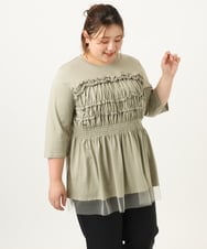 OLKJA13089 eur3(エウルキューブ) 【大きいサイズ/LAVEANGE×eur3】シャーリング異素材ドッキングプルオーバー カーキ(36)