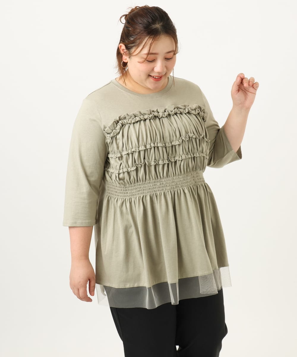 OLKJA13089 eur3(エウルキューブ) 【大きいサイズ/LAVEANGE×eur3】シャーリング異素材ドッキングプルオーバー カーキ(36)