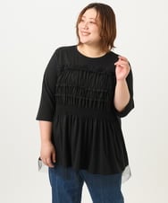 OLKJA13089 eur3(エウルキューブ) 【大きいサイズ/LAVEANGE×eur3】シャーリング異素材ドッキングプルオーバー ブラック(94)