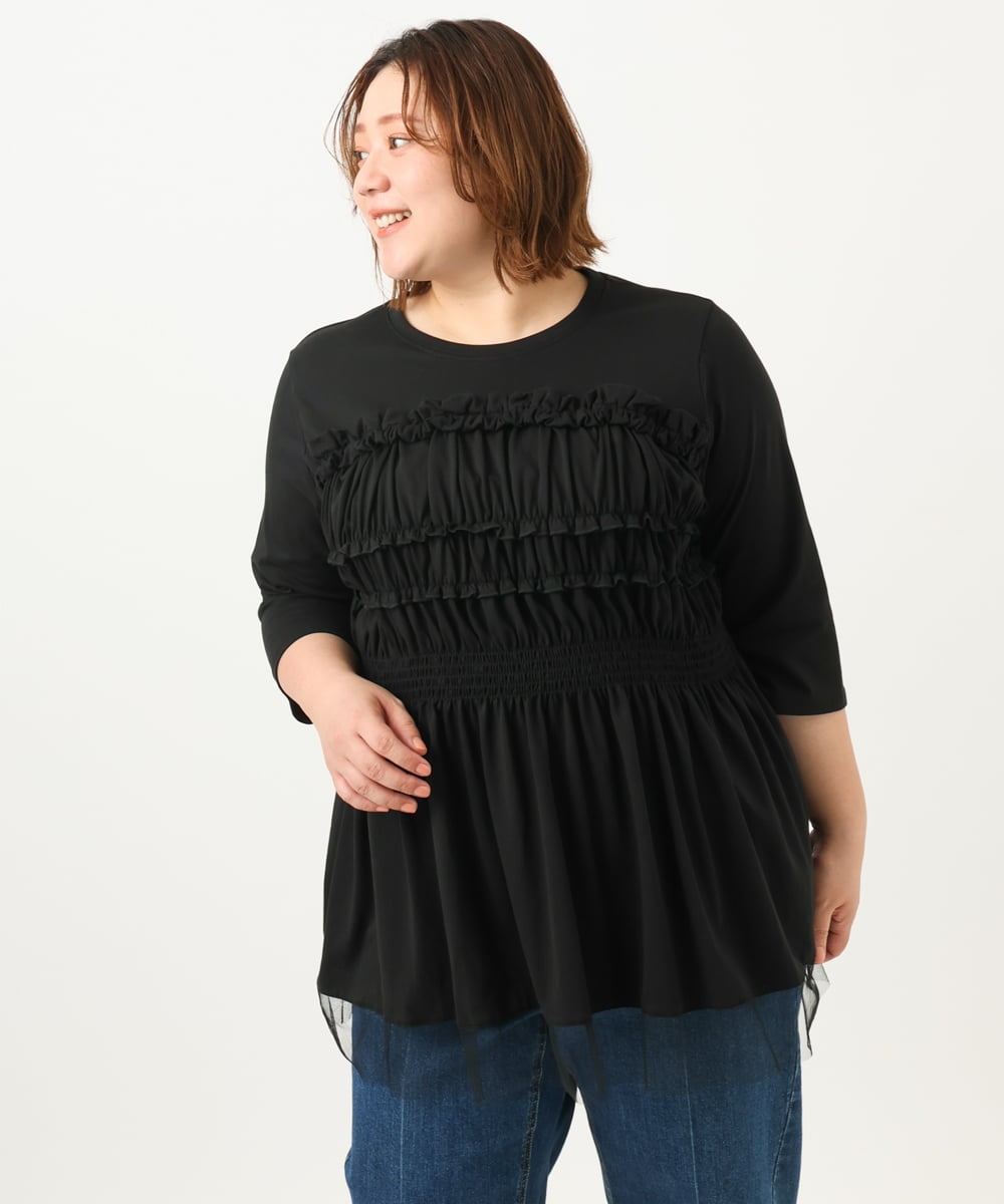 OLKJA13089 eur3(エウルキューブ) 【大きいサイズ/LAVEANGE×eur3】シャーリング異素材ドッキングプルオーバー ブラック(94)
