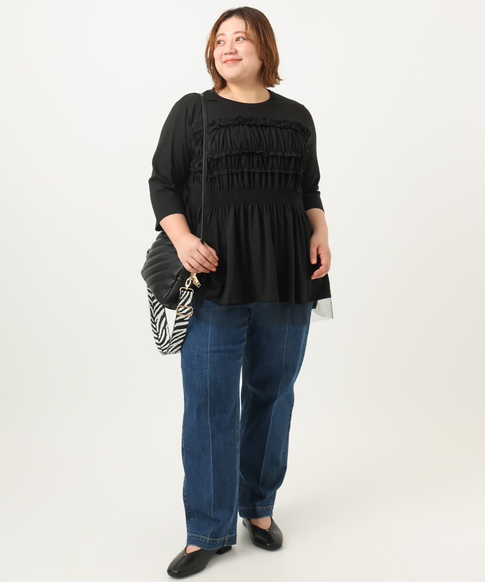 OLKJA13089 eur3(エウルキューブ) 【大きいサイズ/LAVEANGE×eur3】シャーリング異素材ドッキングプルオーバー ブラック(94)