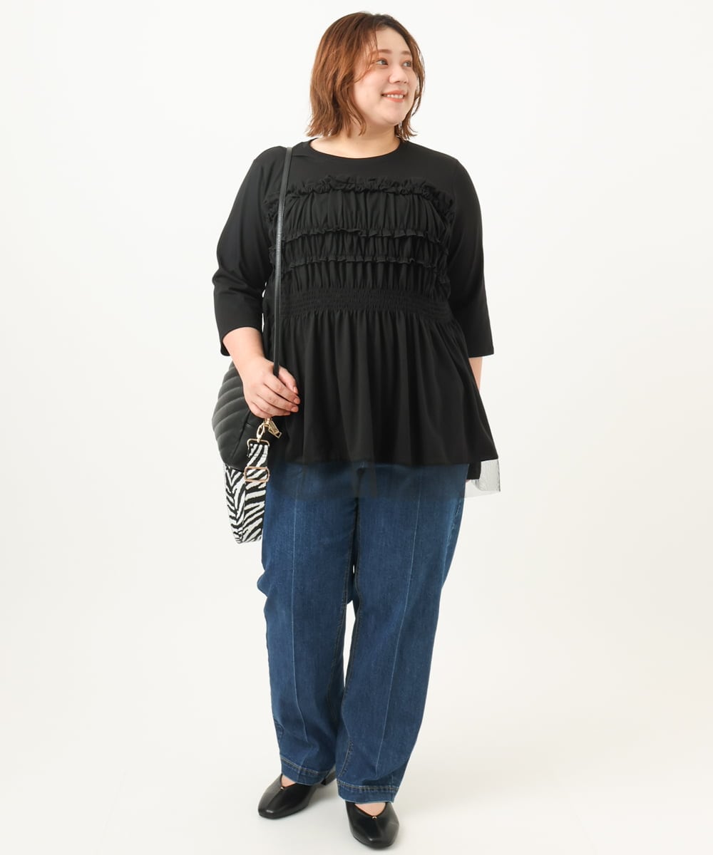 OLKJA13089 eur3(エウルキューブ) 【大きいサイズ/LAVEANGE×eur3】シャーリング異素材ドッキングプルオーバー ブラック(94)