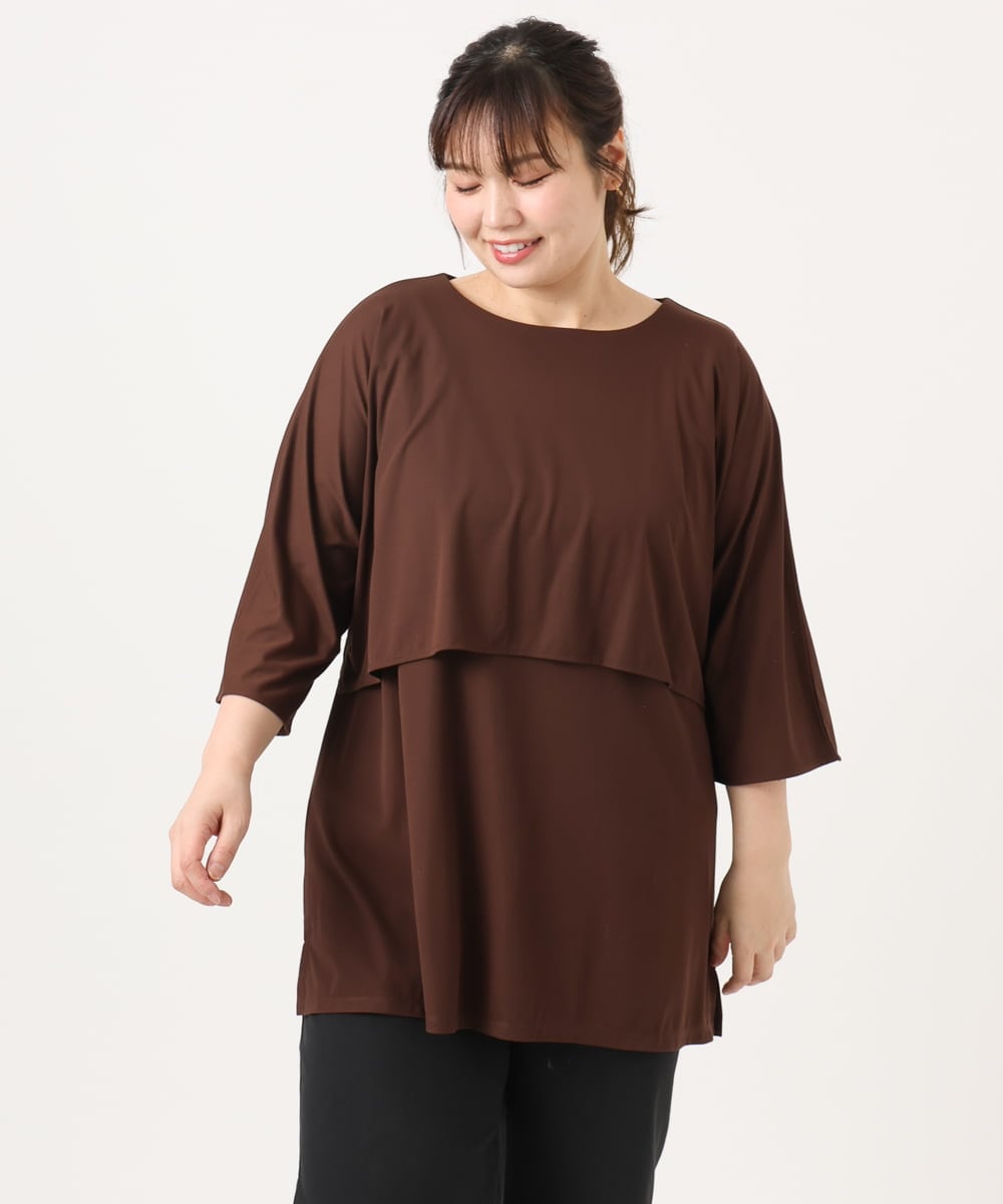 OLKJA19069 eur3(エウルキューブ) 【大きいサイズ】ケープデザインカットソー ダークブラウン(87)