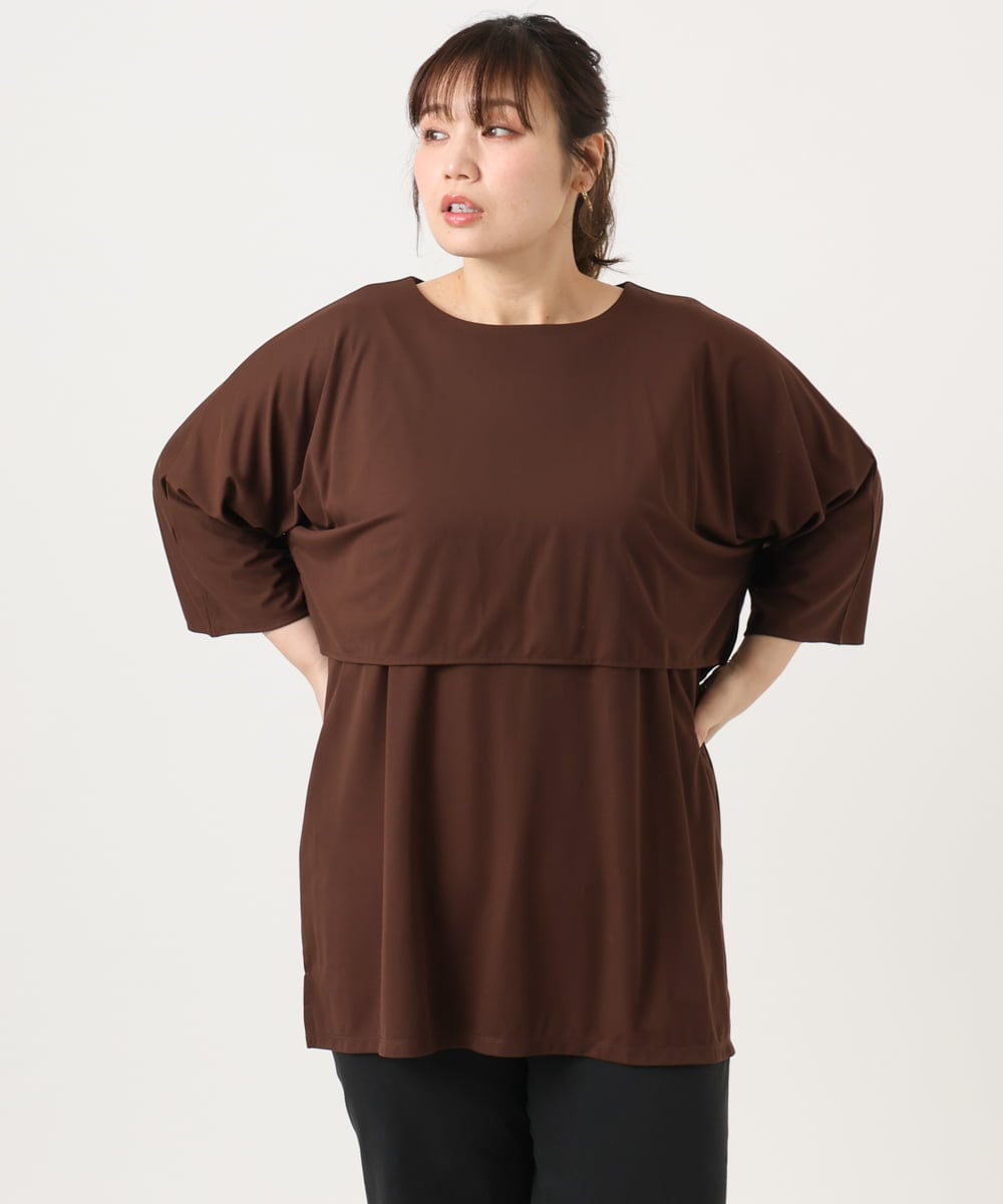 OLKJA19069 eur3(エウルキューブ) 【大きいサイズ】ケープデザインカットソー ダークブラウン(87)