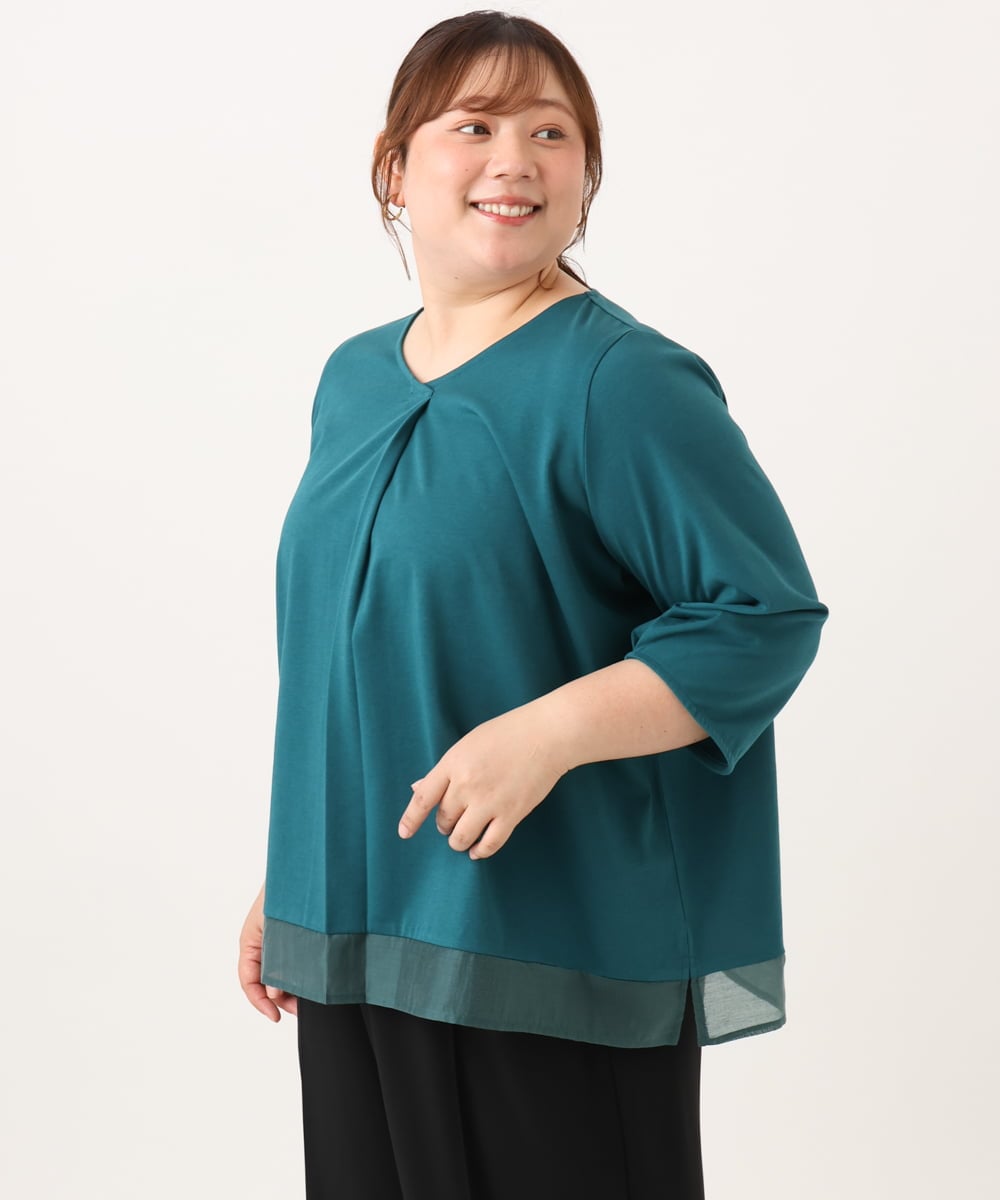OLKJD01079 eur3(エウルキューブ) 【WEB先行販売】【大きいサイズ/接触冷感/UVカット】Vネック裾シア―カットソー グリーン