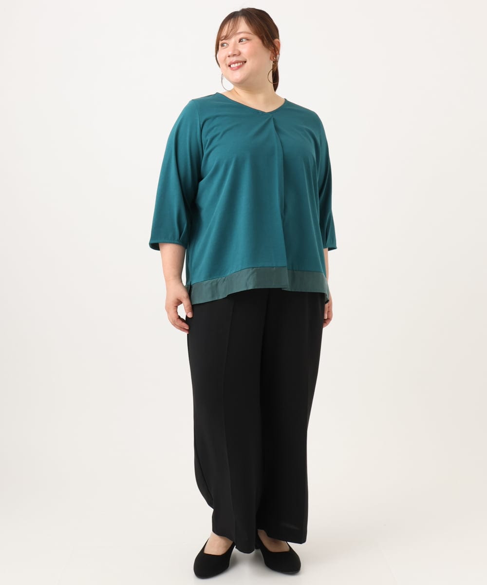 OLKJD01079 eur3(エウルキューブ) 【WEB先行販売】【大きいサイズ/接触冷感/UVカット】Vネック裾シア―カットソー グリーン
