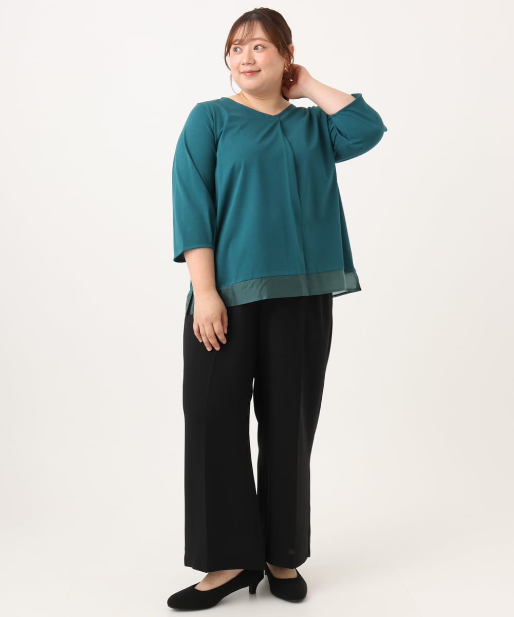 OLKJD01079 eur3(エウルキューブ) 【WEB先行販売】【大きいサイズ/接触冷感/UVカット】Vネック裾シア―カットソー グリーン