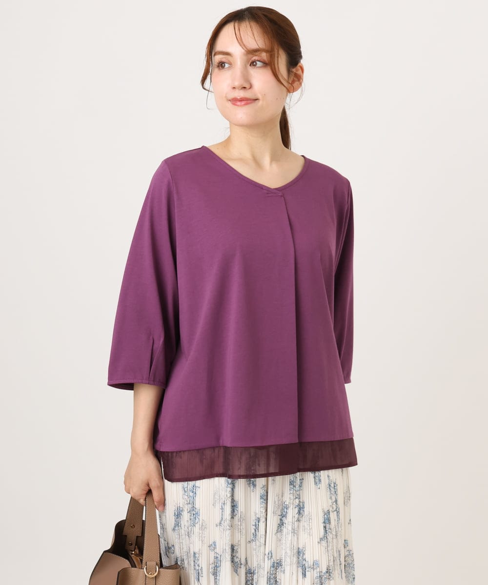 OLKJD01079 eur3(エウルキューブ) 【WEB先行販売】【大きいサイズ/接触冷感/UVカット】Vネック裾シア―カットソー パープル