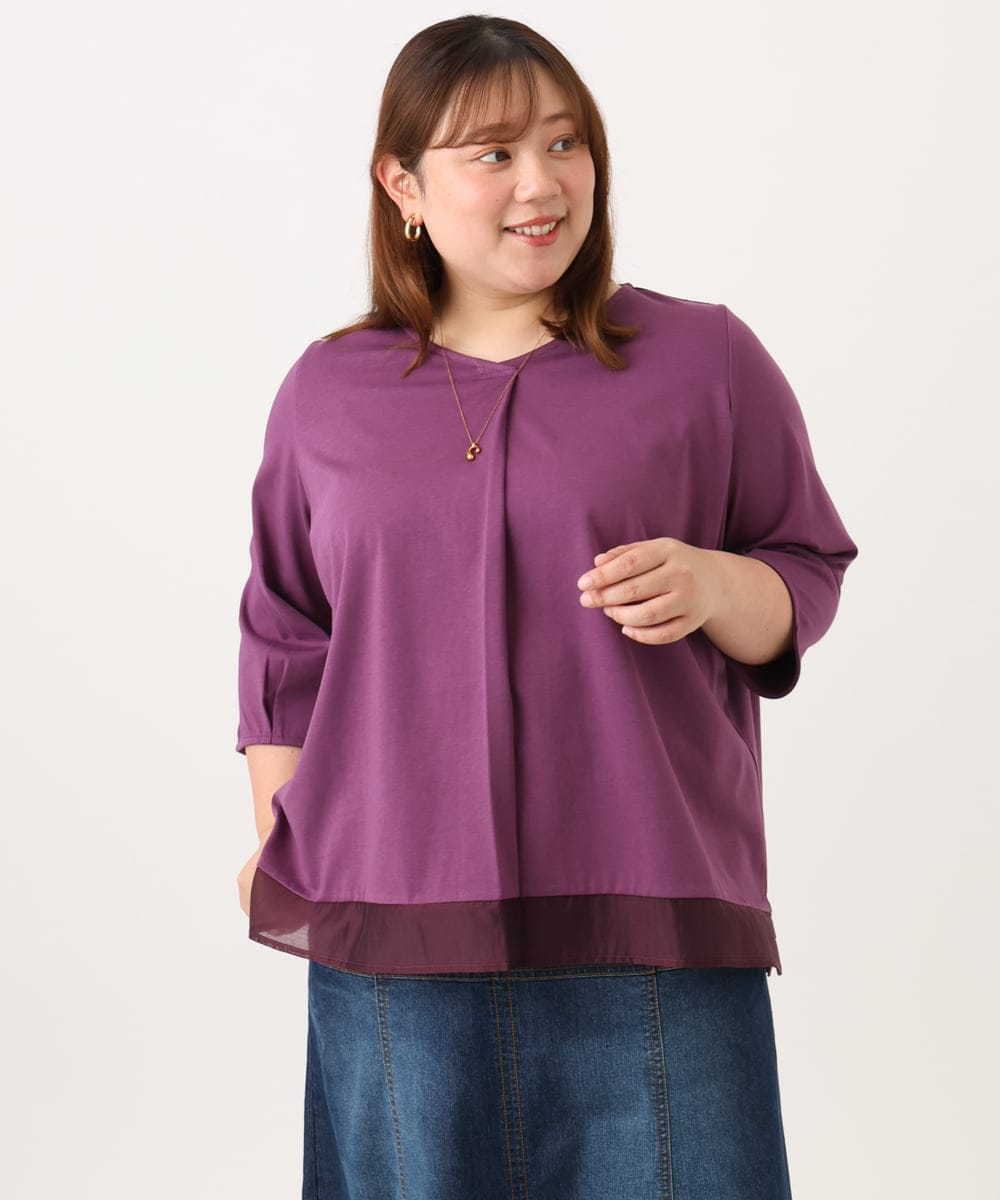 OLKJD01079 eur3(エウルキューブ) 【WEB先行販売】【大きいサイズ/接触冷感/UVカット】Vネック裾シア―カットソー パープル