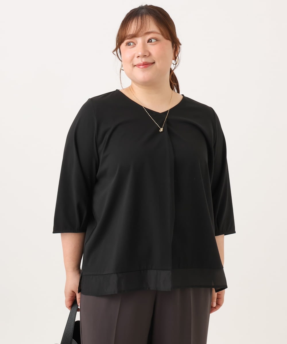 OLKJD01079 eur3(エウルキューブ) 【WEB先行販売】【大きいサイズ/接触冷感/UVカット】Vネック裾シア―カットソー ブラック