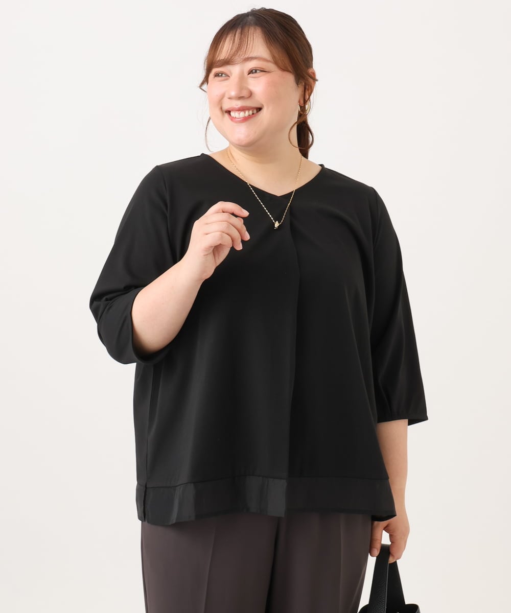 OLKJD01079 eur3(エウルキューブ) 【WEB先行販売】【大きいサイズ/接触冷感/UVカット】Vネック裾シア―カットソー ブラック