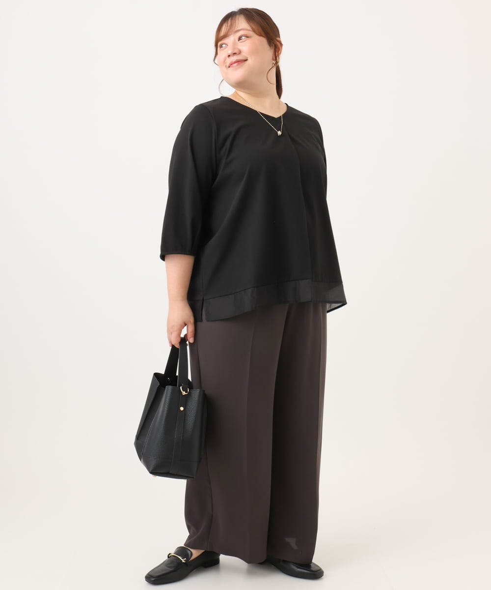 OLKJD01079 eur3(エウルキューブ) 【WEB先行販売】【大きいサイズ/接触冷感/UVカット】Vネック裾シア―カットソー ブラック