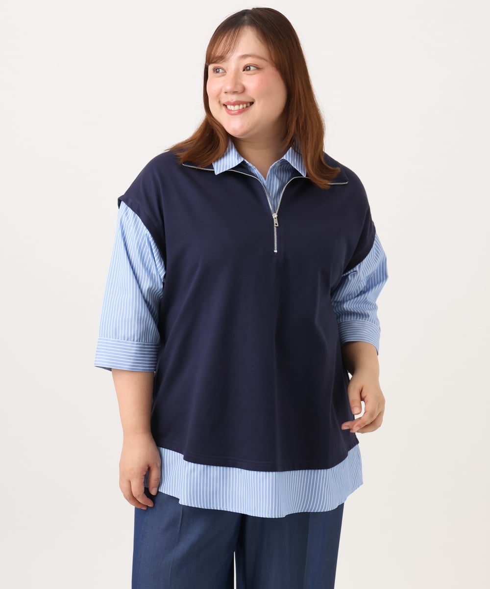 OLKJD02099 eur3(エウルキューブ) 【WEB先行販売】【大きいサイズ】シャツレイヤードトップス ネイビー