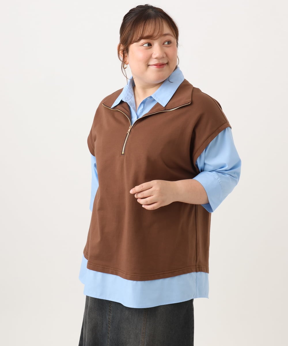 OLKJD02099 eur3(エウルキューブ) 【WEB先行販売】【大きいサイズ】シャツレイヤードトップス ダークブラウン