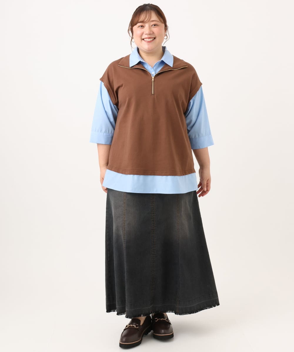 OLKJD02099 eur3(エウルキューブ) 【WEB先行販売】【大きいサイズ】シャツレイヤードトップス ダークブラウン