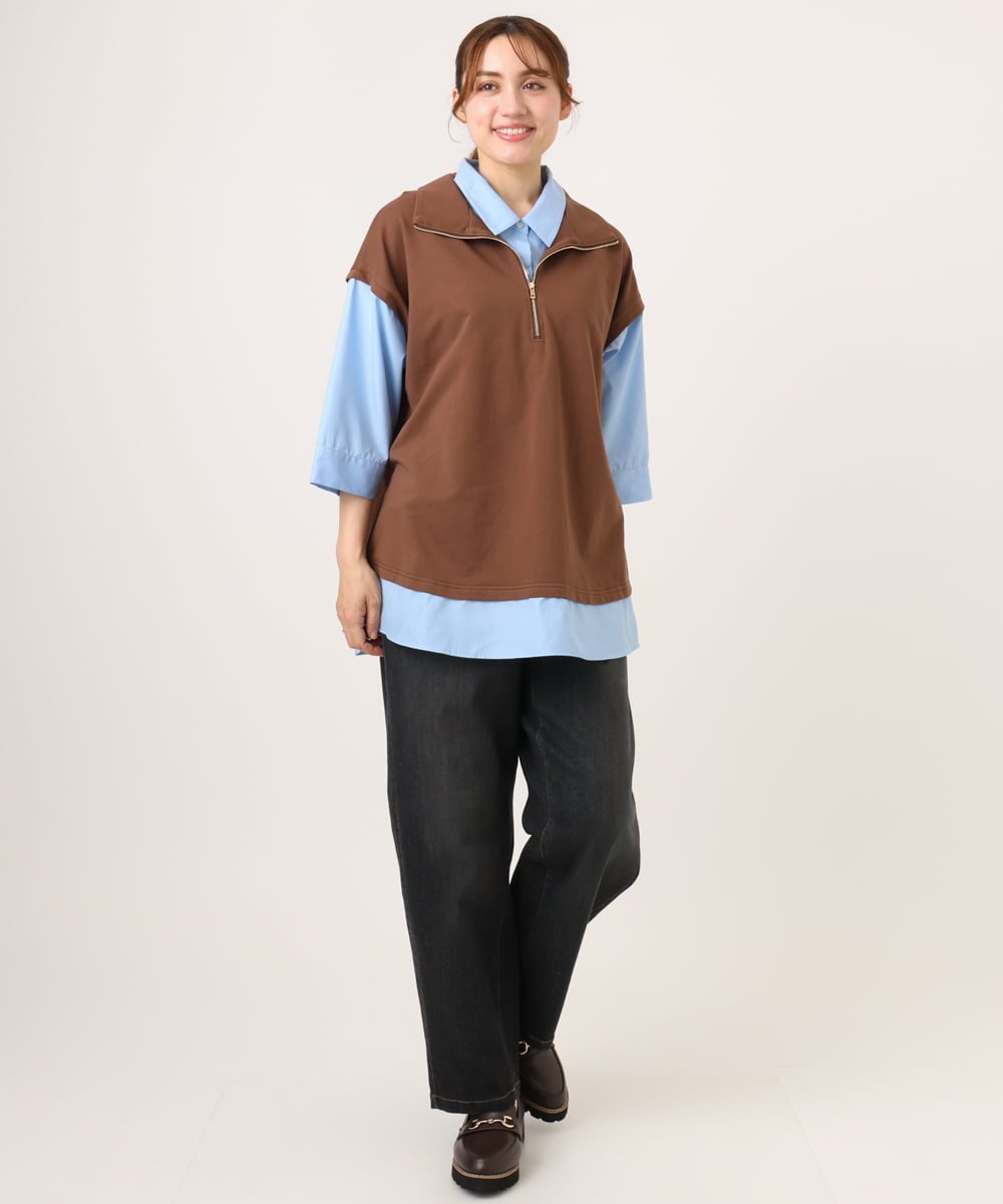 OLKJD02099 eur3(エウルキューブ) 【WEB先行販売】【大きいサイズ】シャツレイヤードトップス ダークブラウン