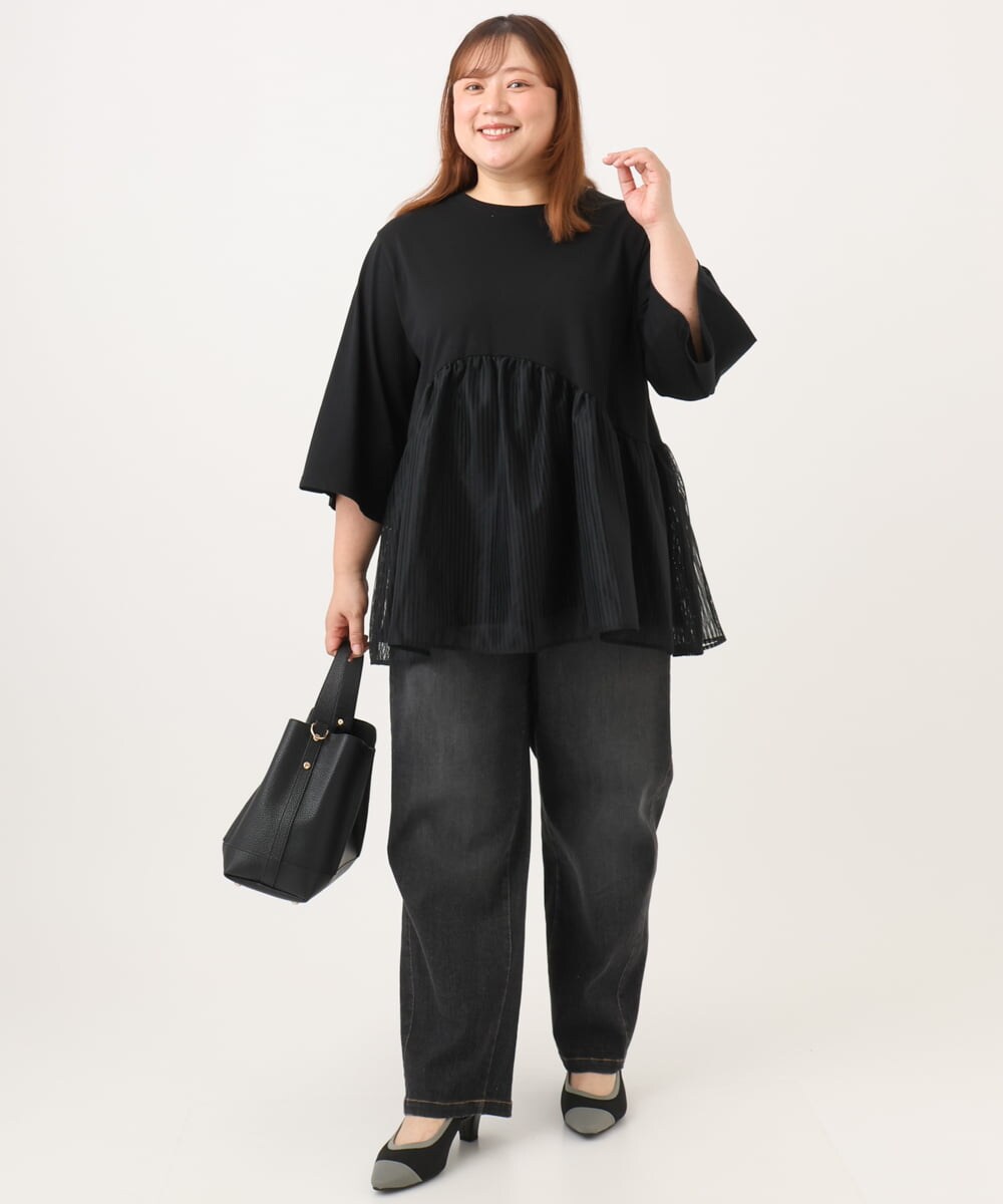 OLKJD04089 eur3(エウルキューブ) 【大きいサイズ/LAVEANGE×eur3】チュール切り替えジャージートップス ブラック