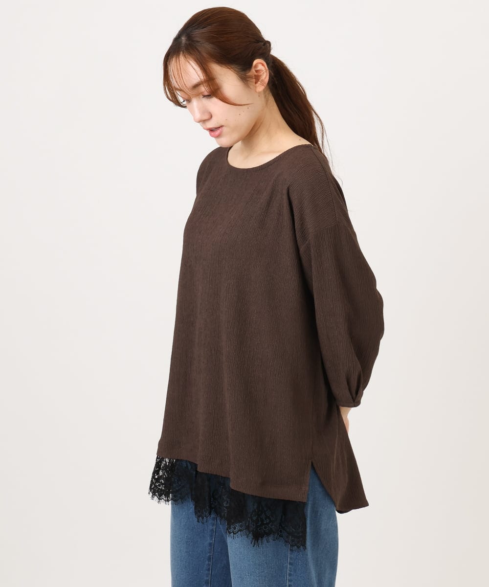 OLKJD13069 eur3(エウルキューブ) 【大きいサイズ】レイヤード風裾レーストップス ダークブラウン