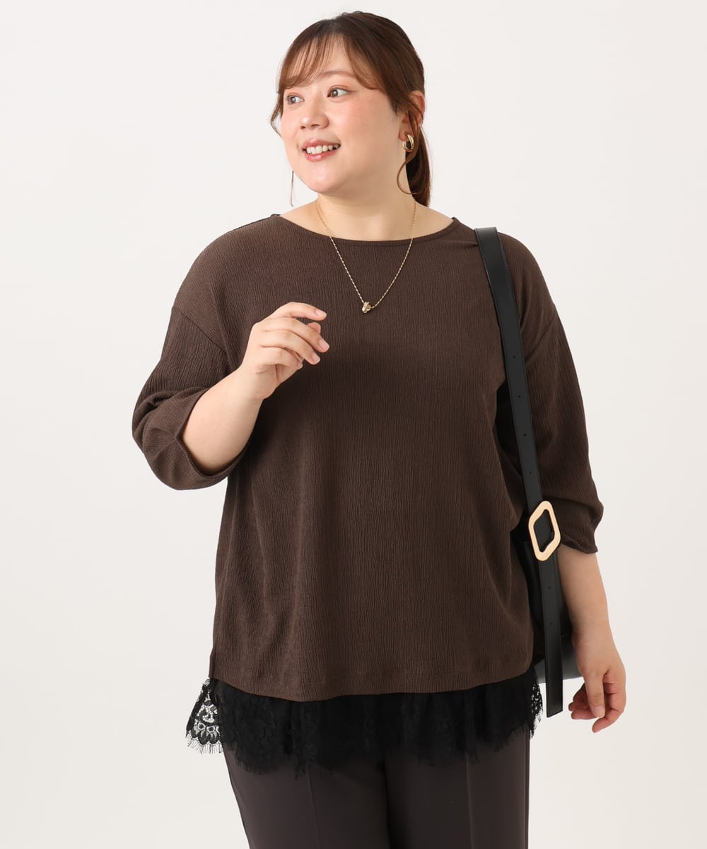 OLKJD13069 eur3(エウルキューブ) 【大きいサイズ】レイヤード風裾レーストップス ダークブラウン