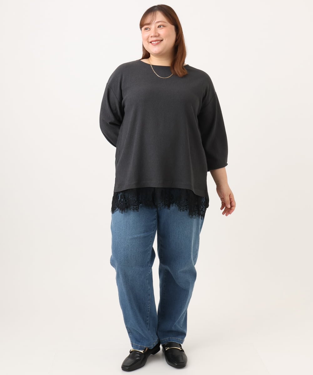 OLKJD13069 eur3(エウルキューブ) 【大きいサイズ】レイヤード風裾レーストップス ダークグレー