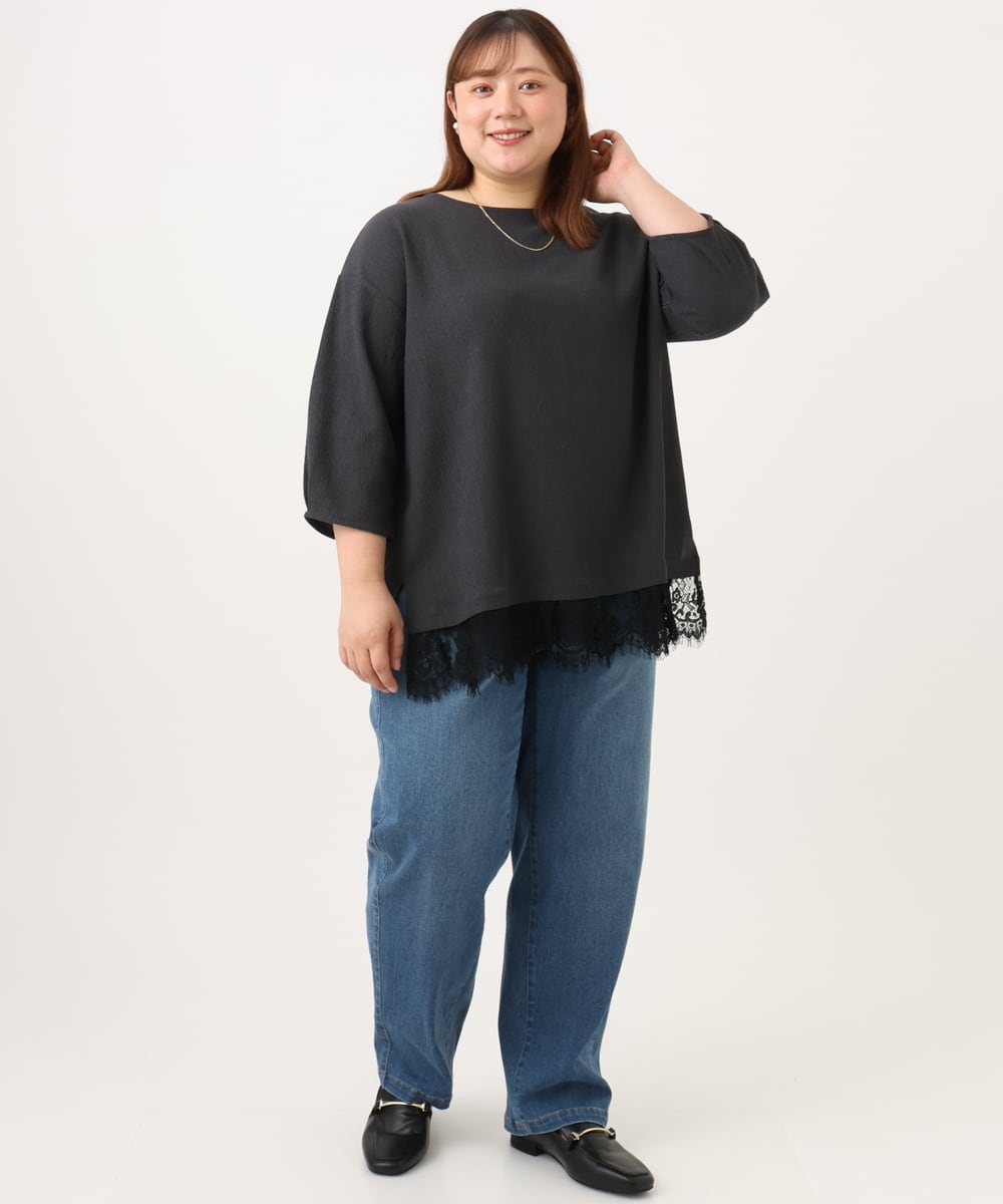 OLKJD13069 eur3(エウルキューブ) 【大きいサイズ】レイヤード風裾レーストップス ダークグレー