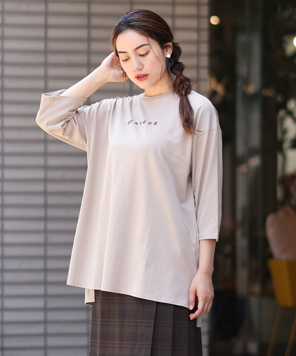 OLKJS01069 eur3(エウルキューブ) 【雑誌掲載】【大きいサイズ】8分袖コットンロゴTシャツ ベージュ(82)