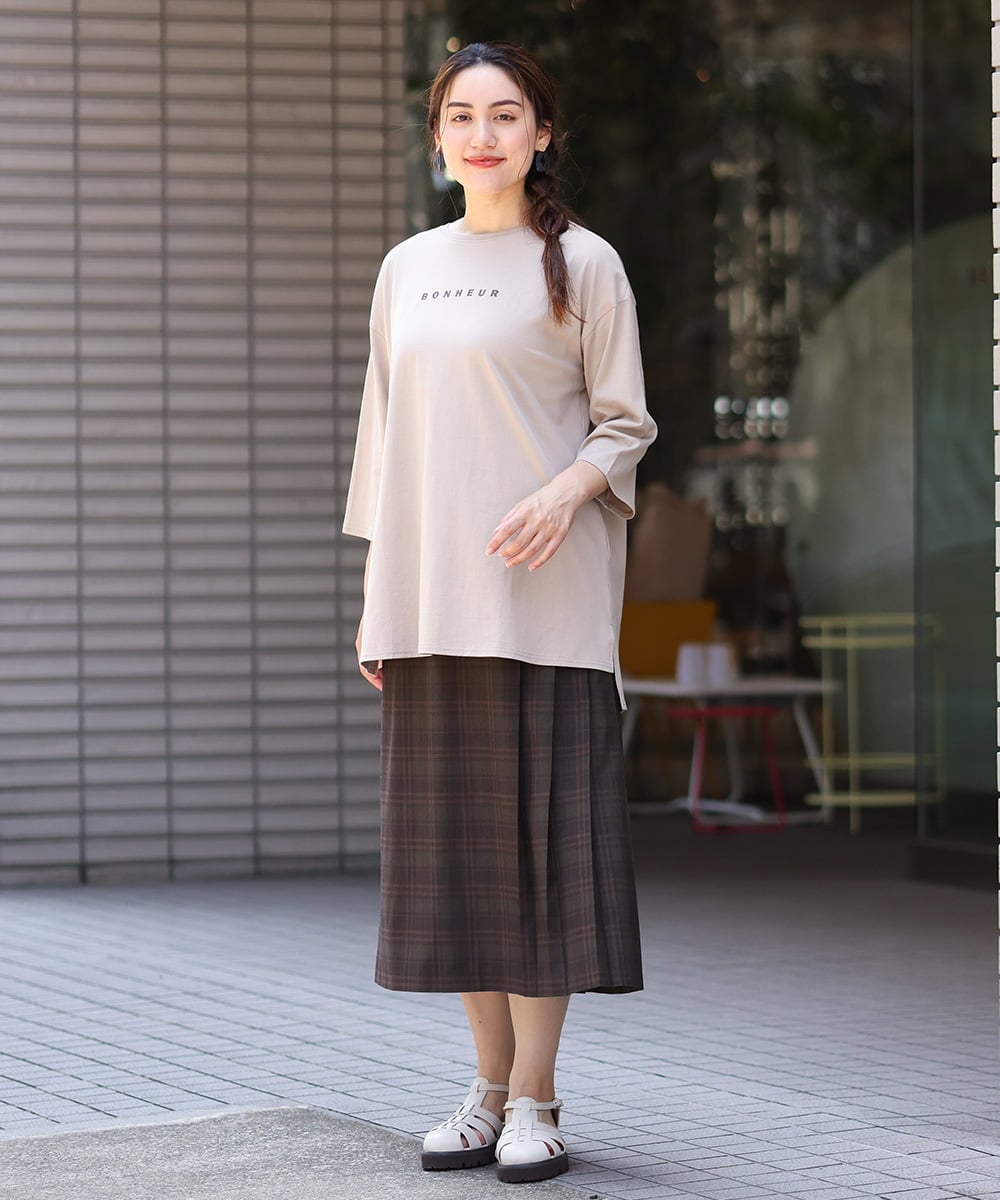 OLKJS01069 eur3(エウルキューブ) 【雑誌掲載】【大きいサイズ】8分袖コットンロゴTシャツ ベージュ(82)