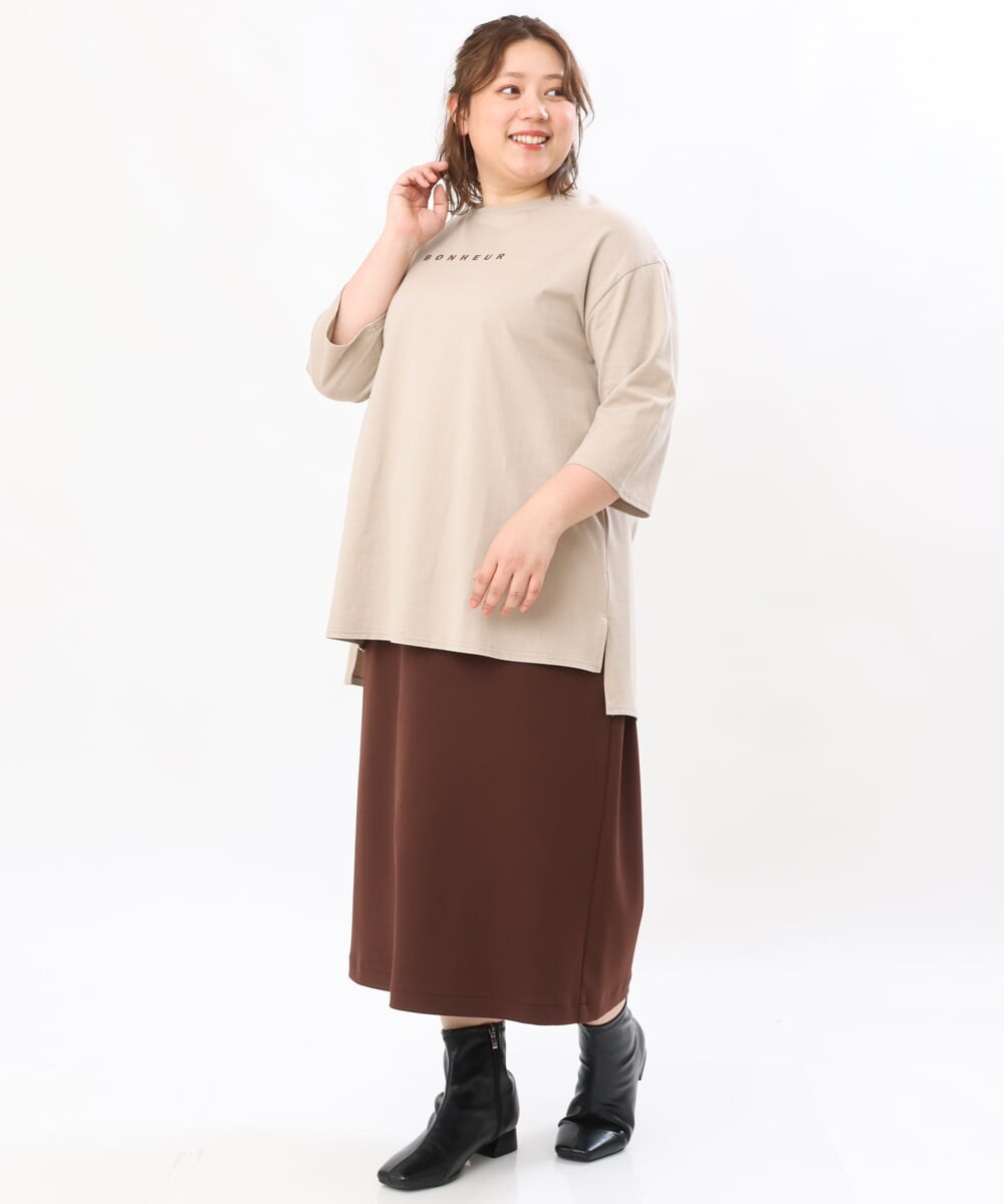 OLKJS01069 eur3(エウルキューブ) 【雑誌掲載】【大きいサイズ】8分袖コットンロゴTシャツ ベージュ(82)