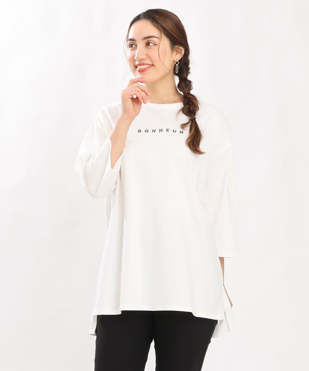 OLKJS01069 eur3(エウルキューブ) 【雑誌掲載】【大きいサイズ】8分袖コットンロゴTシャツ ホワイト(90)