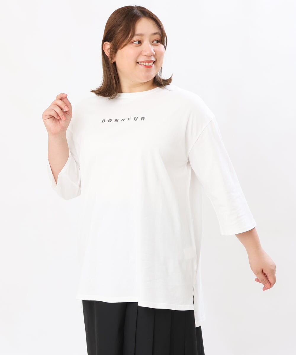 OLKJS01069 eur3(エウルキューブ) 【雑誌掲載】【大きいサイズ】8分袖コットンロゴTシャツ ホワイト(90)