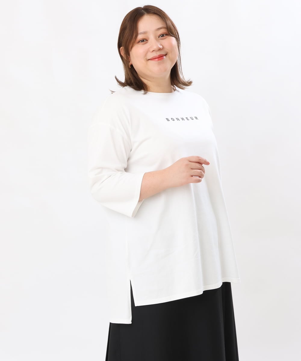 OLKJS01069 eur3(エウルキューブ) 【雑誌掲載】【大きいサイズ】8分袖コットンロゴTシャツ ホワイト(90)