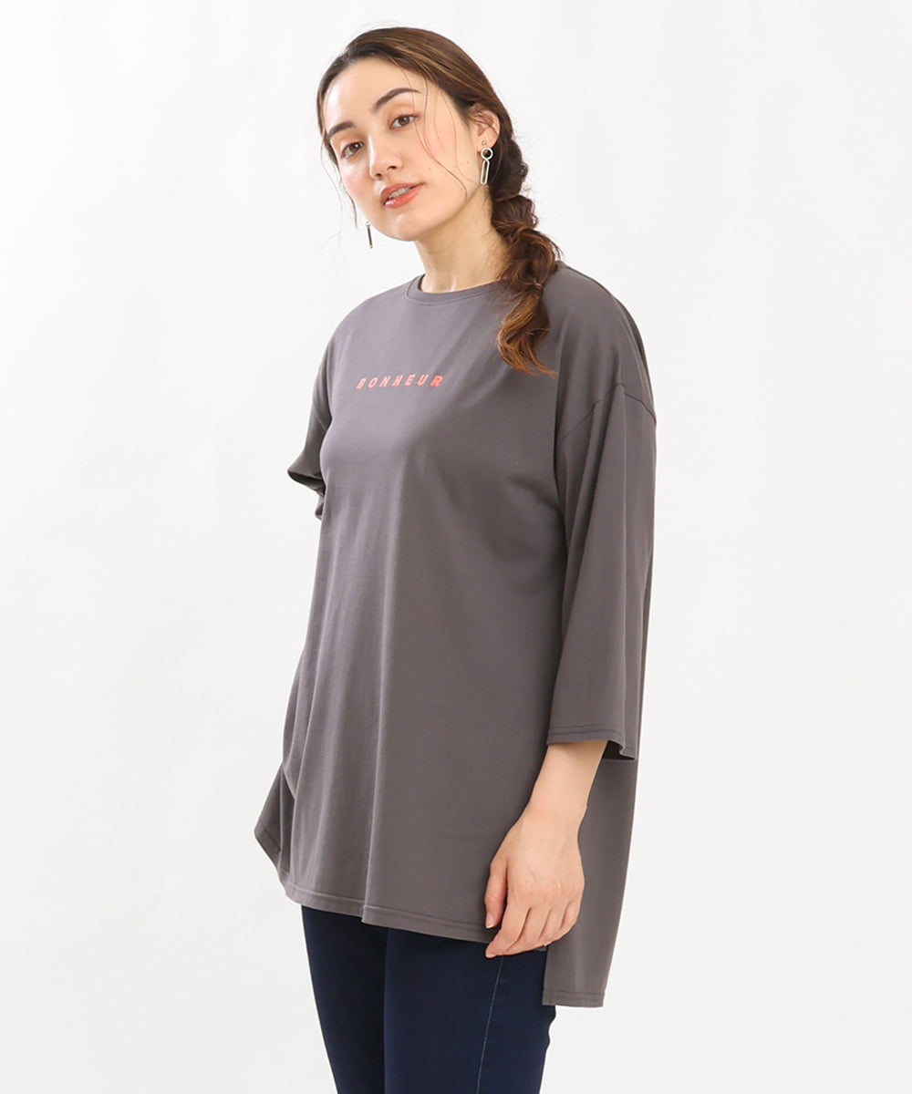 OLKJS01069 eur3(エウルキューブ) 【雑誌掲載】【大きいサイズ】8分袖コットンロゴTシャツ ダークグレー(93)