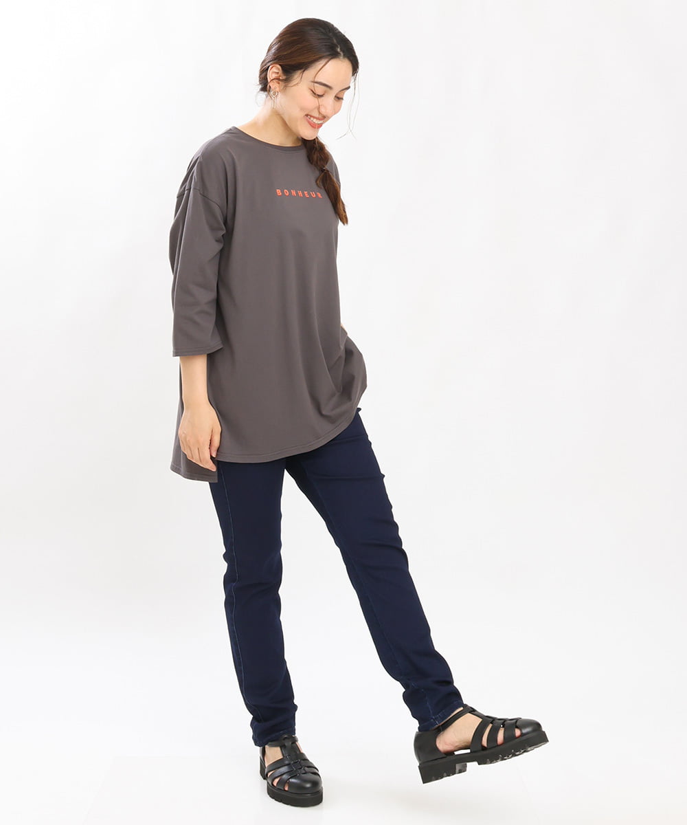 OLKJS01069 eur3(エウルキューブ) 【雑誌掲載】【大きいサイズ】8分袖コットンロゴTシャツ ダークグレー(93)