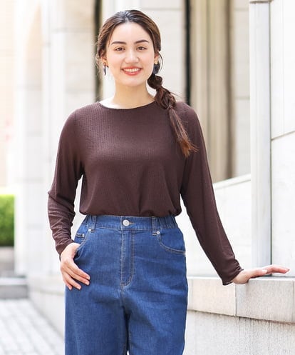 OLKJS05054  【大きいサイズ】シアーストライプシャーリングトップス