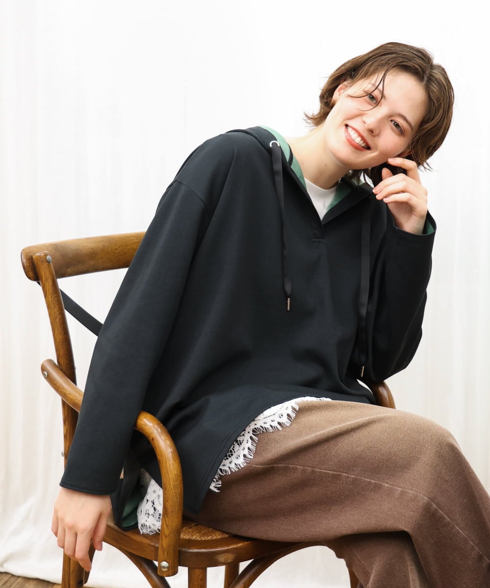 OLKKD07099 eur3(エウルキューブ) 【大きいサイズ】ダンボールリバーフーディトップス ブラック