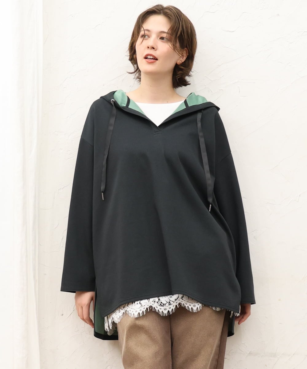 OLKKD07099 eur3(エウルキューブ) 【大きいサイズ】ダンボールリバーフーディトップス ブラック