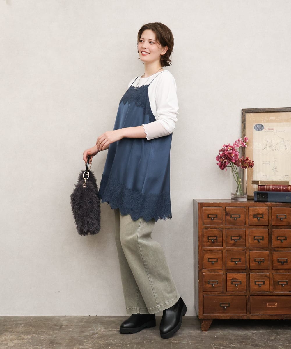 OLKKD08119 eur3(エウルキューブ) 【大きいサイズ】レースキャミ×袖シア―トップスセット ブルー