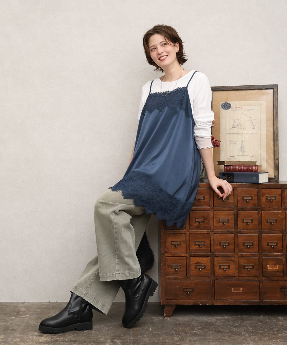 OLKKD08119 eur3(エウルキューブ) 【大きいサイズ】レースキャミ×袖シア―トップスセット ブルー