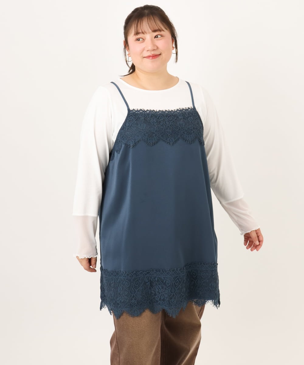 OLKKD08119 eur3(エウルキューブ) 【大きいサイズ】レースキャミ×袖シア―トップスセット ブルー