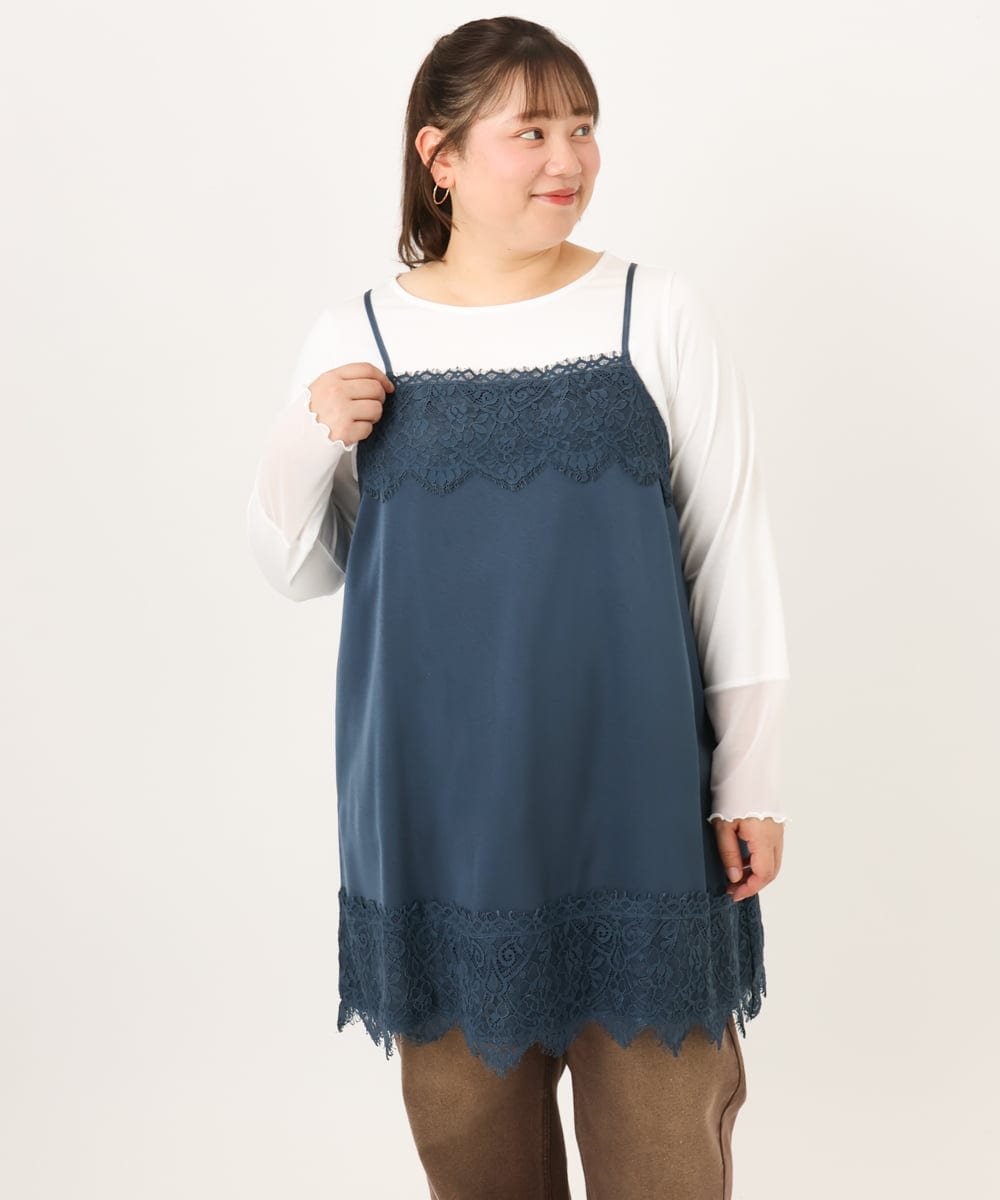 OLKKD08119 eur3(エウルキューブ) 【大きいサイズ】レースキャミ×袖シア―トップスセット ブルー