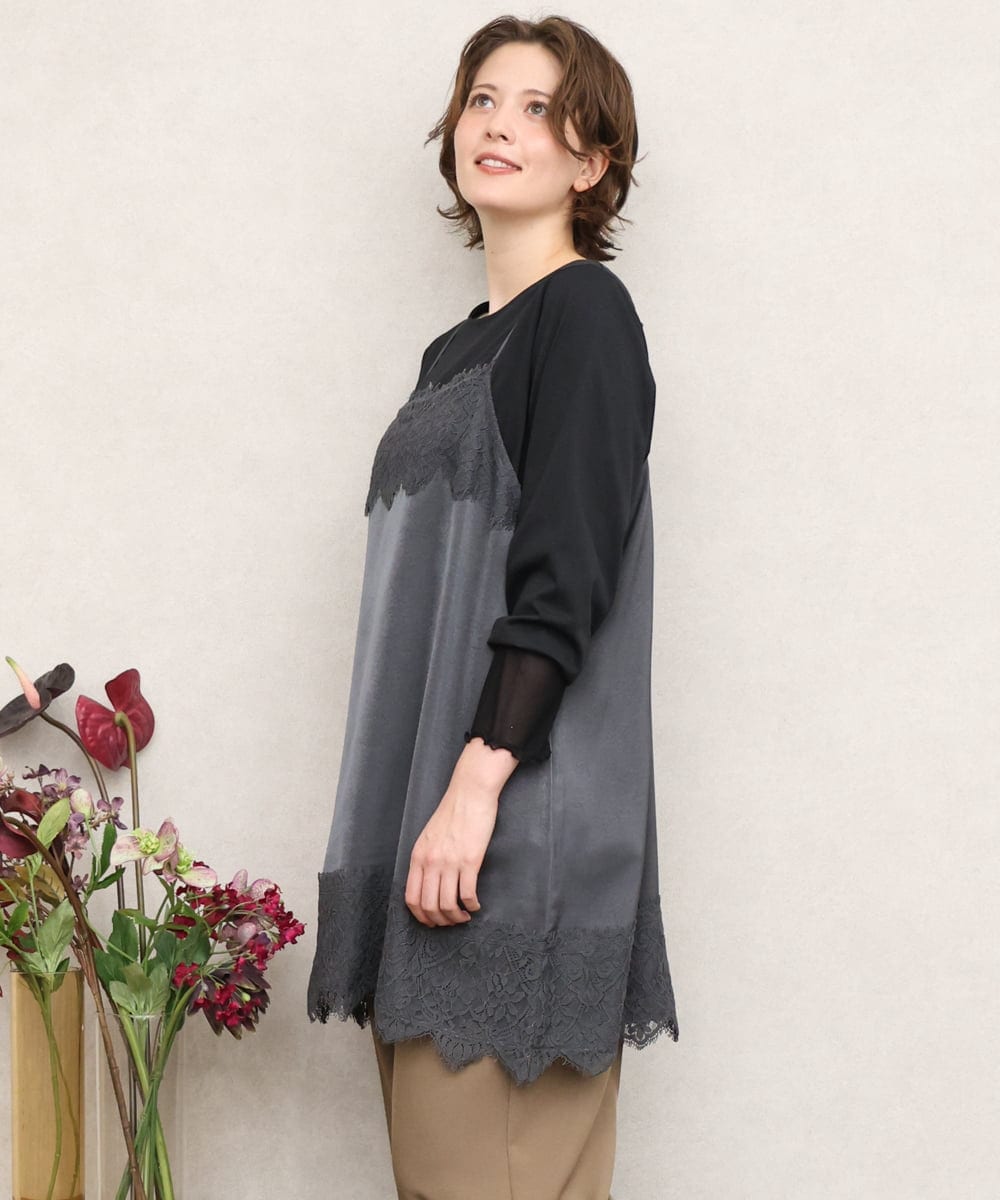 OLKKD08119 eur3(エウルキューブ) 【大きいサイズ】レースキャミ×袖シア―トップスセット ダークグレー