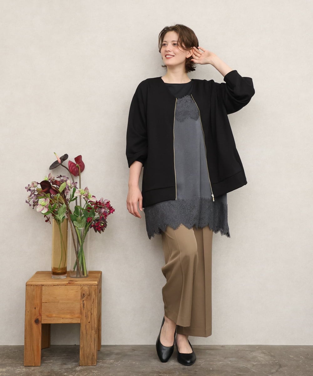 OLKKD08119 eur3(エウルキューブ) 【大きいサイズ】レースキャミ×袖シア―トップスセット ダークグレー