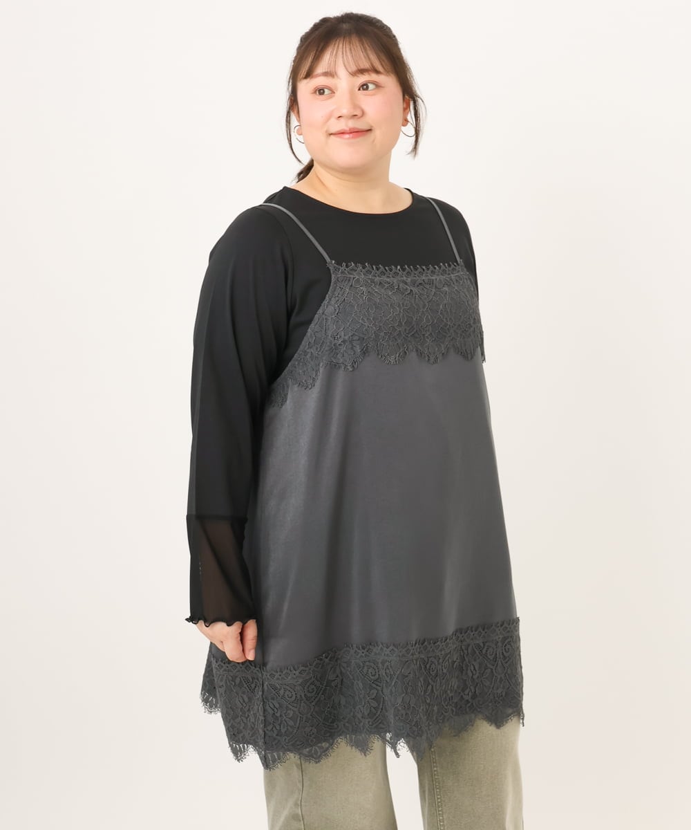 OLKKD08119 eur3(エウルキューブ) 【大きいサイズ】レースキャミ×袖シア―トップスセット ダークグレー