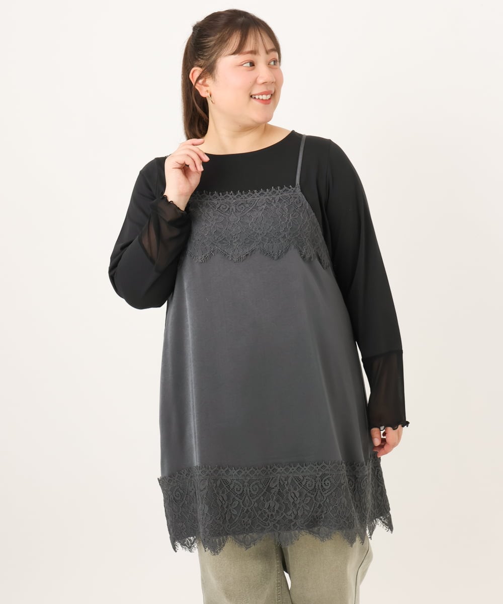 OLKKD08119 eur3(エウルキューブ) 【大きいサイズ】レースキャミ×袖シア―トップスセット ダークグレー