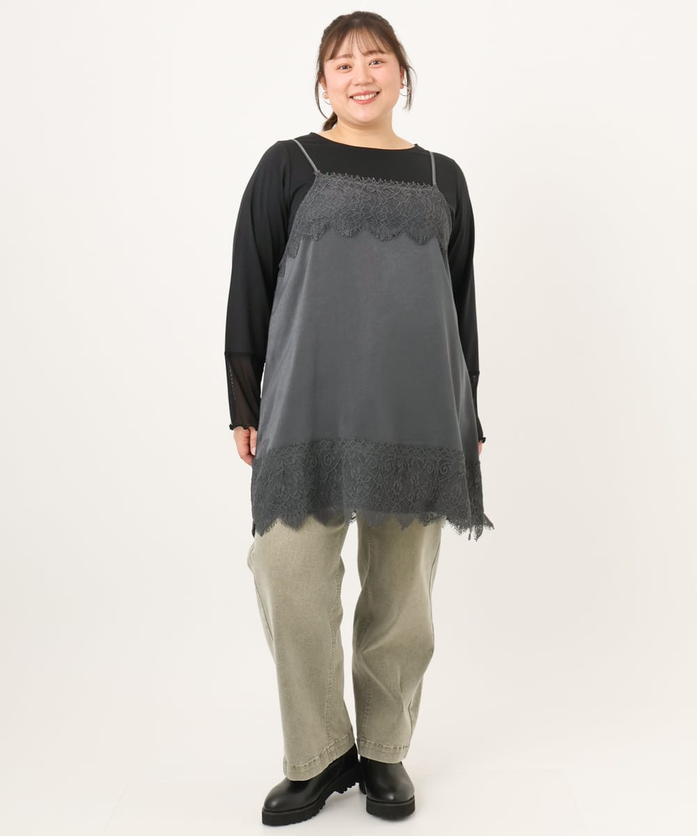 OLKKD08119 eur3(エウルキューブ) 【大きいサイズ】レースキャミ×袖シア―トップスセット ダークグレー
