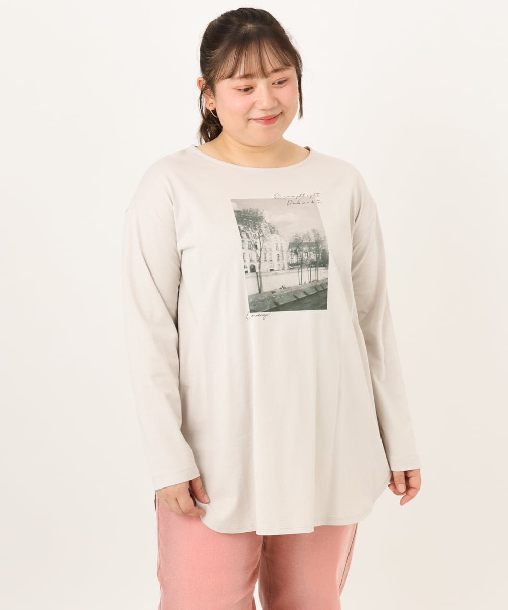 OLKKD10064 eur3(エウルキューブ) 【WEB先行販売】【大きいサイズ】プリント長袖Tシャツ グレージュ