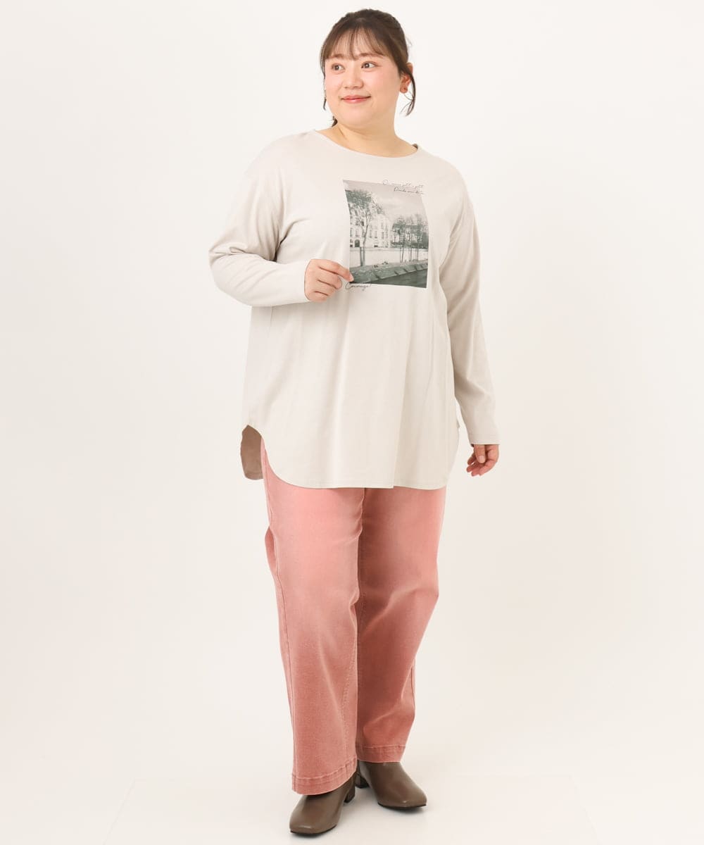 OLKKD10064 eur3(エウルキューブ) 【WEB先行販売】【大きいサイズ】プリント長袖Tシャツ グレージュ