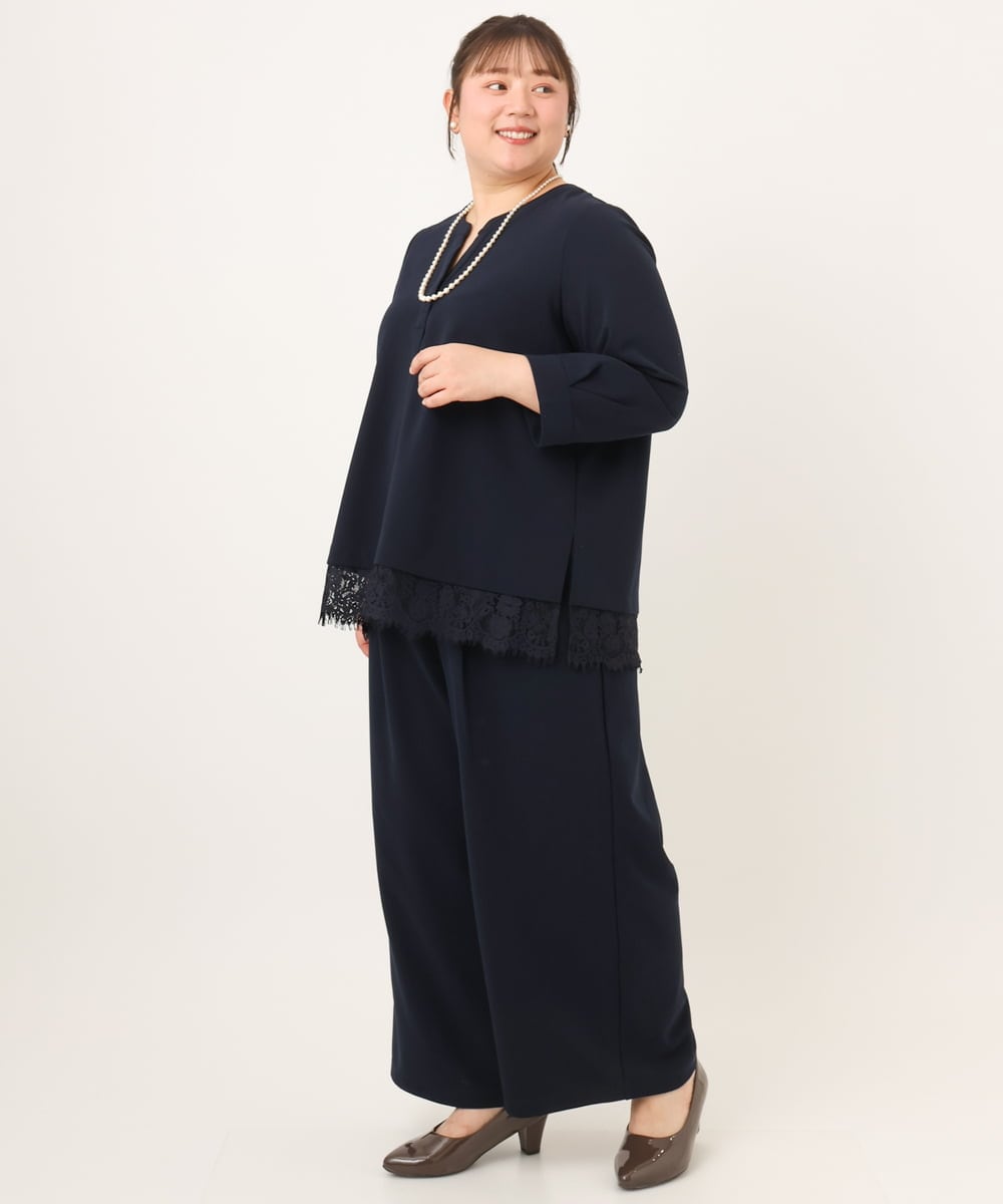 OLKKD14089 eur3(エウルキューブ) 【WEB先行販売】【大きいサイズ/洗える/セットアップ対応】カットジョーゼット裾レーストップス ネイビー